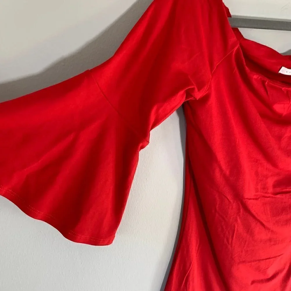 Susana Monaco Tunic Top Womens Red Off Shoulder Bell Sleeve - Picture 4 of 8